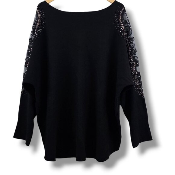 Tahari Sweaters - Tahari Black Sweater Rhinestone Sheer Lace Embellished Sleeves Womens 3X Holiday